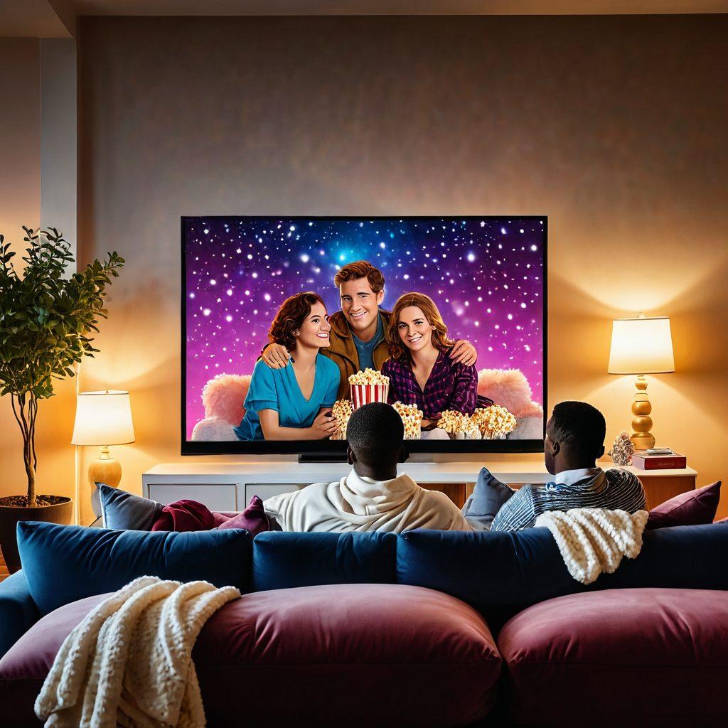 A cozy living room scene where a couple sits on a comfortable couch, engrossed in a streaming experience on a large screen, surrounded by romantic lighting, popcorn, and soft blankets. The screen shows a vibrant display of movies and shows that evoke love and connection. Include elements like heart motifs and whimsical decor for a warm atmosphere. super-realistic. vibrant colors. warm lighting.