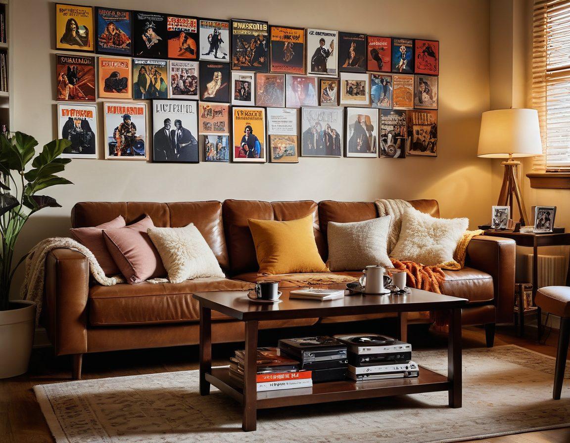 A cozy living room scene featuring a couple enjoying a movie night with a projector displaying a film on the wall, surrounded by musical instruments like a guitar and piano. The lighting is warm and inviting, with snacks and drinks on a coffee table. In the background, a shelf filled with vinyl records and movie posters sets the ambiance for creativity and entertainment. super-realistic. warm colors. soft lighting.