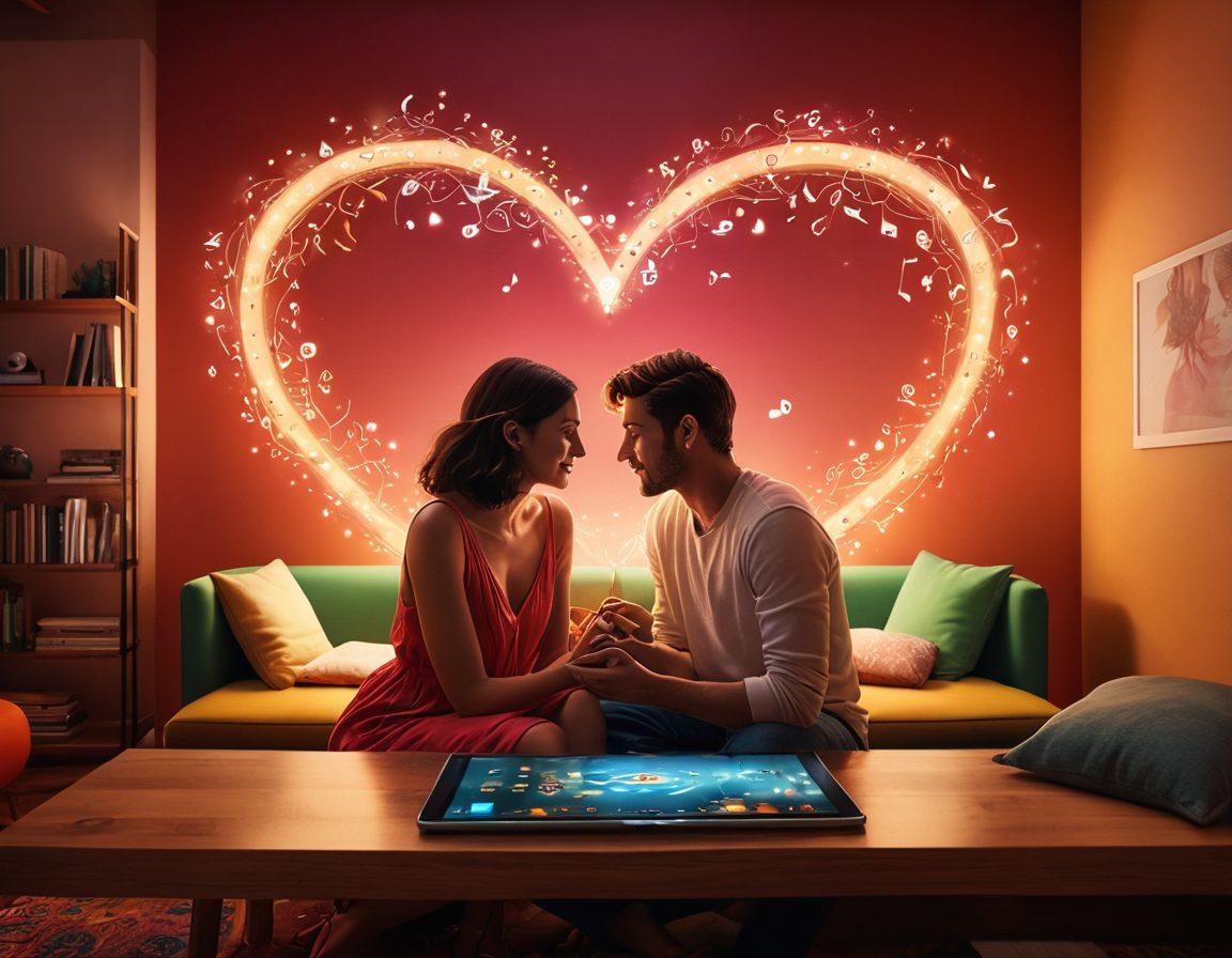 A cozy, intimate setting featuring a couple using xplayer on a tablet, surrounded by vibrant music notes and visual media floating around them. Incorporate heart motifs and bright colors to signify love and connection, with a backdrop of soft, ambient lighting that evokes a romantic atmosphere. Elements like film reels and music icons should intertwine, enhancing the theme of multimedia exploration. super-realistic. vibrant colors. soft focus.
